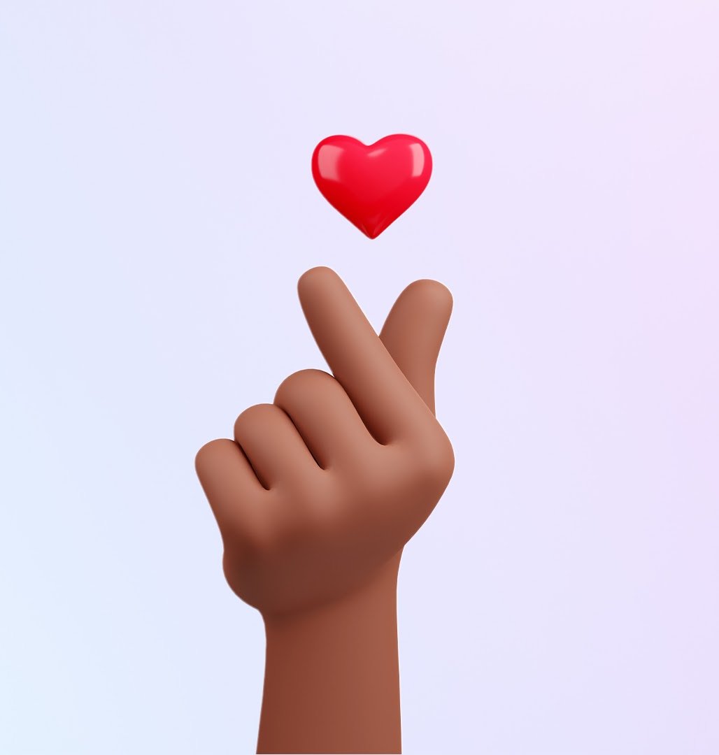 A stylized hand forms a finger-heart gesture beneath a floating red heart &mdash; service built on connection.