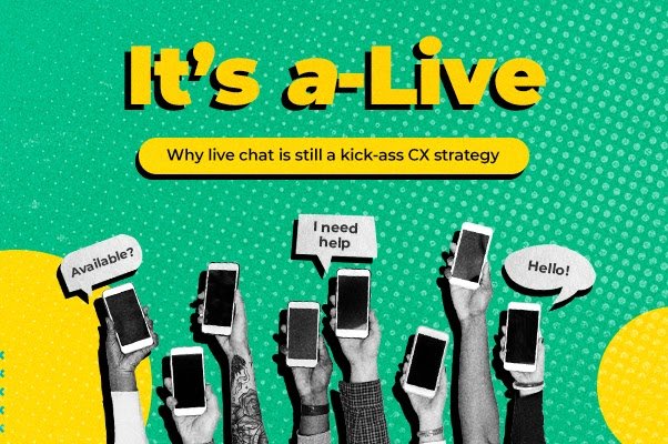 Hands hold up phones with speech bubbles &mdash; live chat in action.